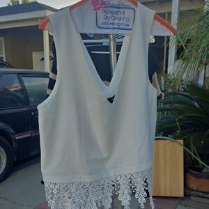 Aqua White Crop Top with Lace Trim